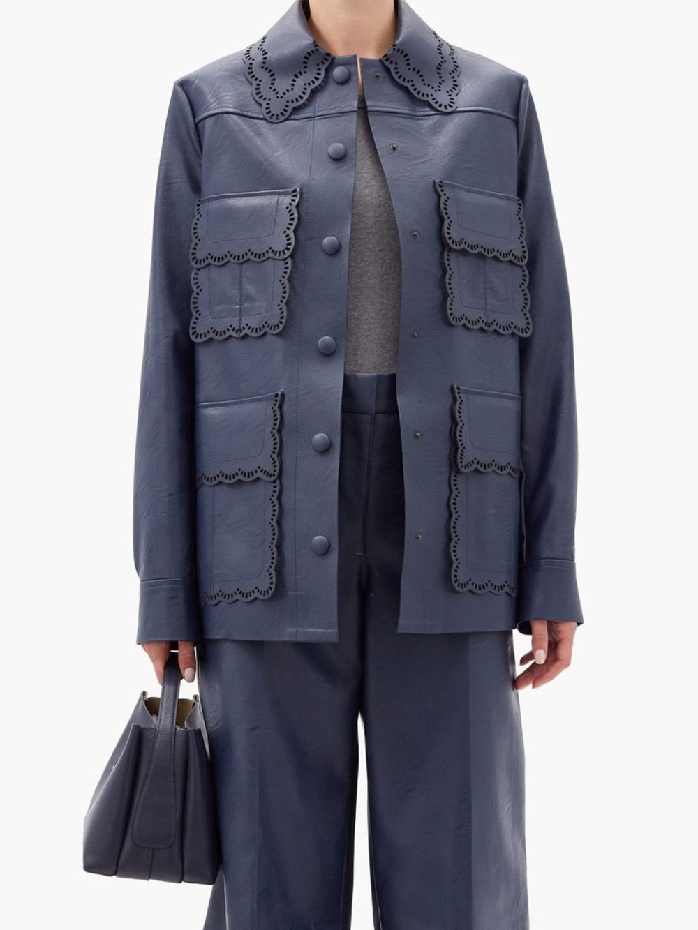Stella McCartney Leila Navy Scalloped-Trim Leather Jacket